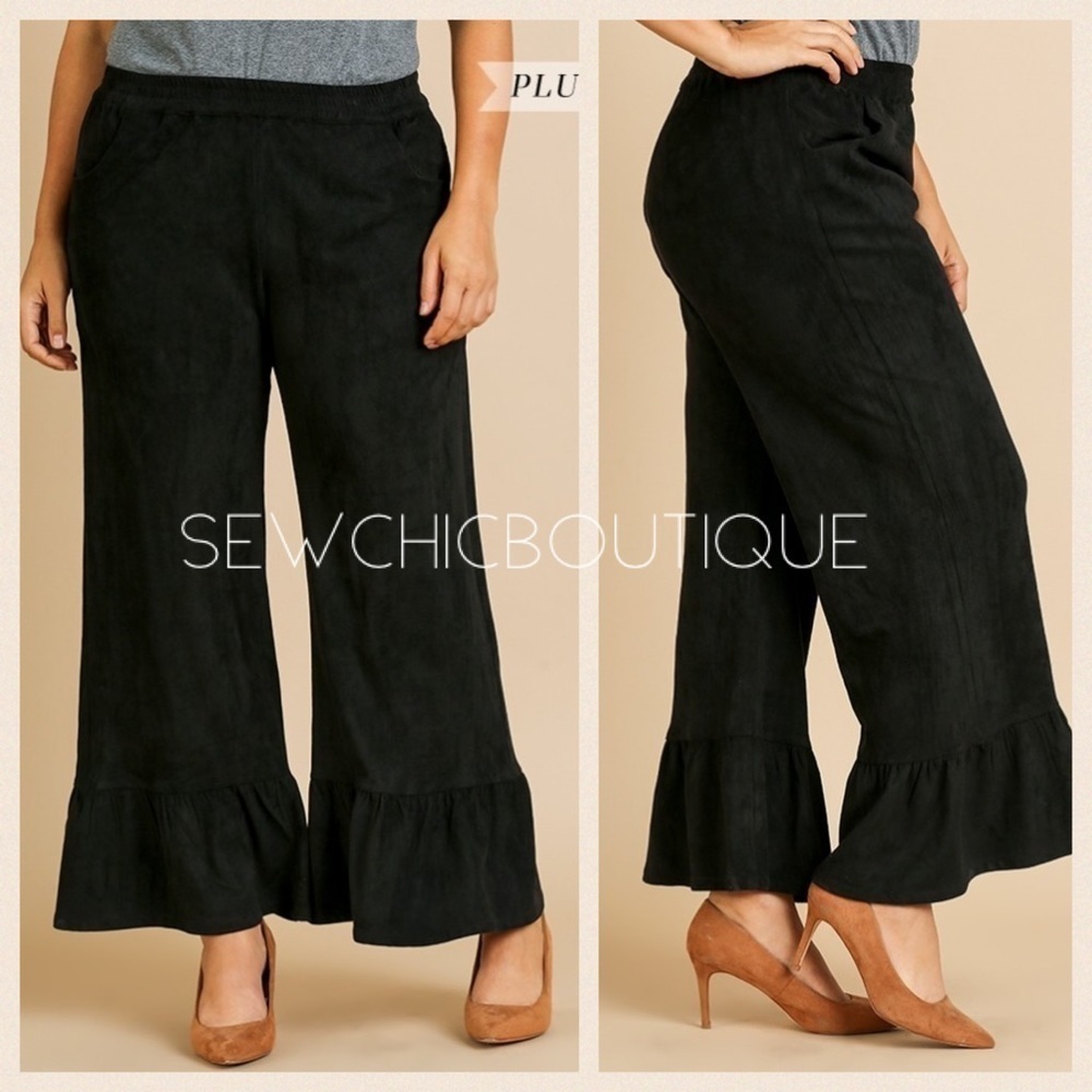 PLUS Size Suede Ruffle Wide Leg Pants